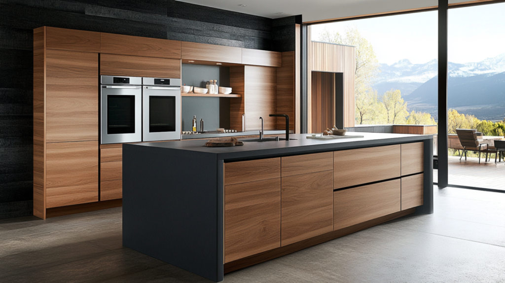 Modern kitchen with wood-toned frameless cabinets and black accents.