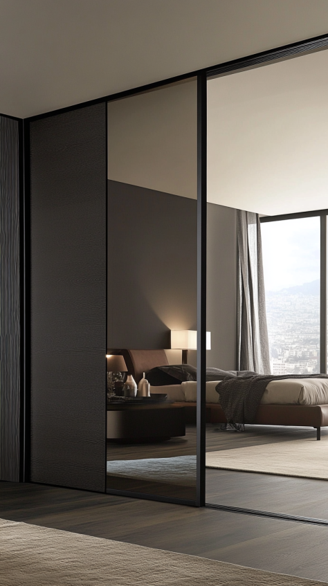 Modern mirror sliding door reflecting the light, designed to brighten and enlarge the bedroom space.