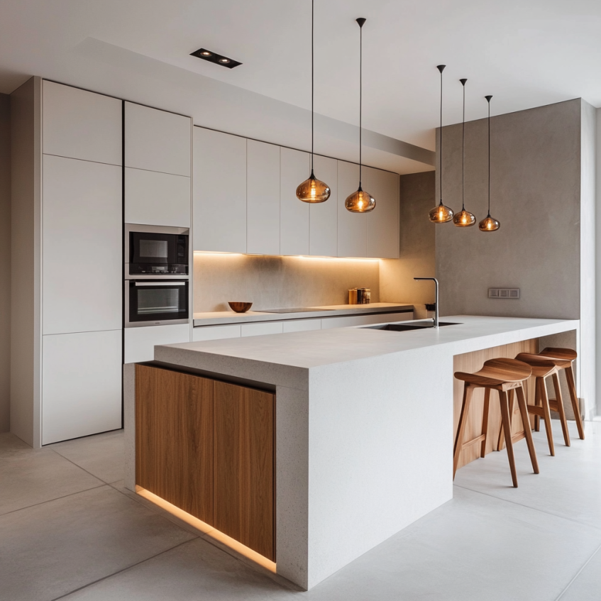 Modern kitchen with a stone and wood island, paired with warm pendant lighting and sleek bar stools for a cozy yet sophisticated design.