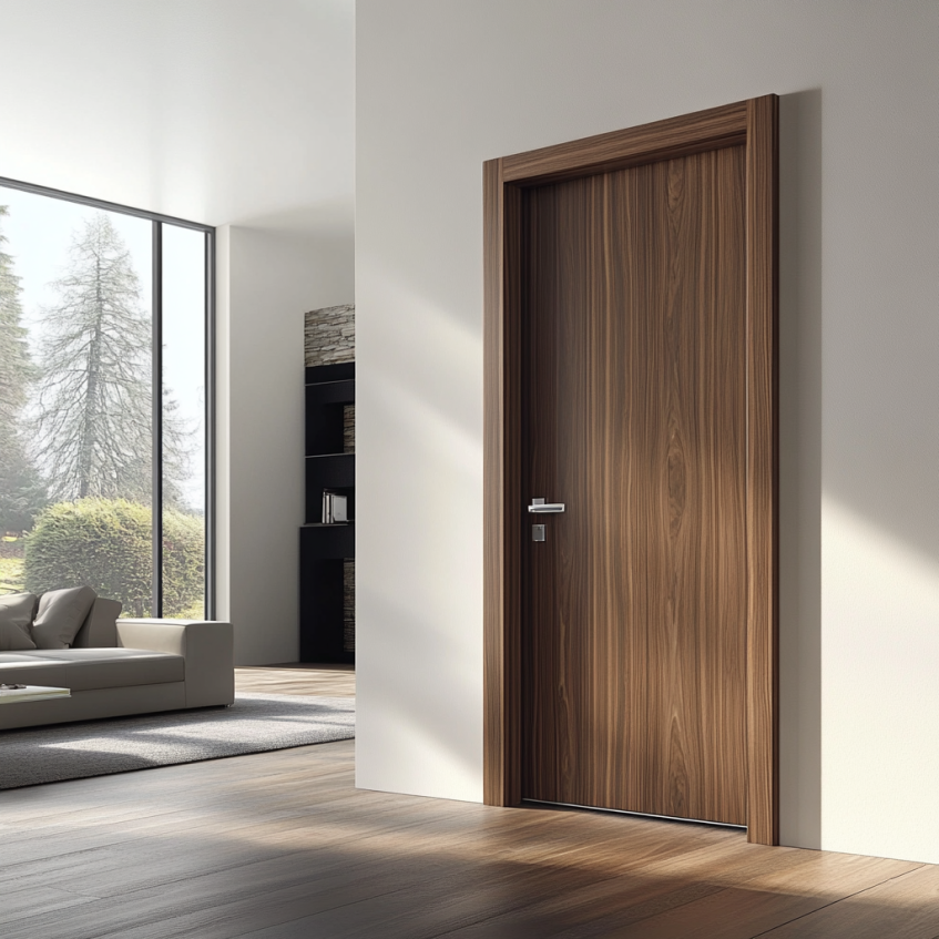 Modern walnut interior door with sleek design and simple handle in a bright living room with large windows.