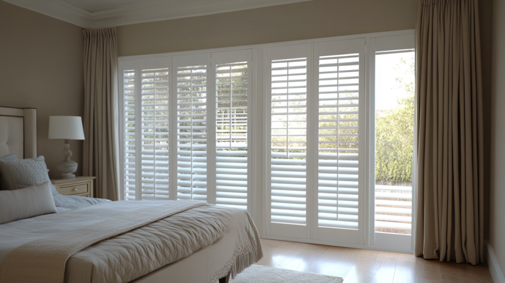 Sleek white louvered sliding doors providing a stylish solution for maximizing space and light in modern bedroom interiors.