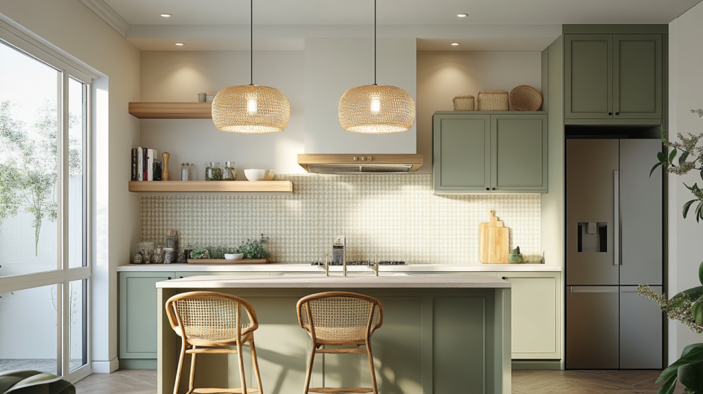 Bright country‑style kitchen with light green cabinets, woven pendant lights, rattan bar stools, and open shelving.