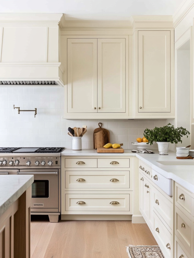 Cream kitchen cabinets with brass hardware, farmhouse sink, stainless range, and white countertops.