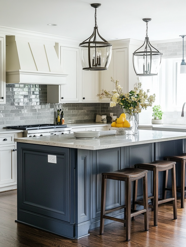 Greige kitchen cabinets with a contrasting kitchen island for added visual interest