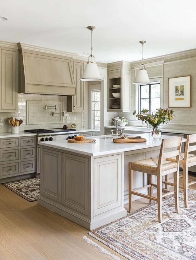 Monochromatic kitchen featuring soft greige cabinets and matching decor for a cohesive design
