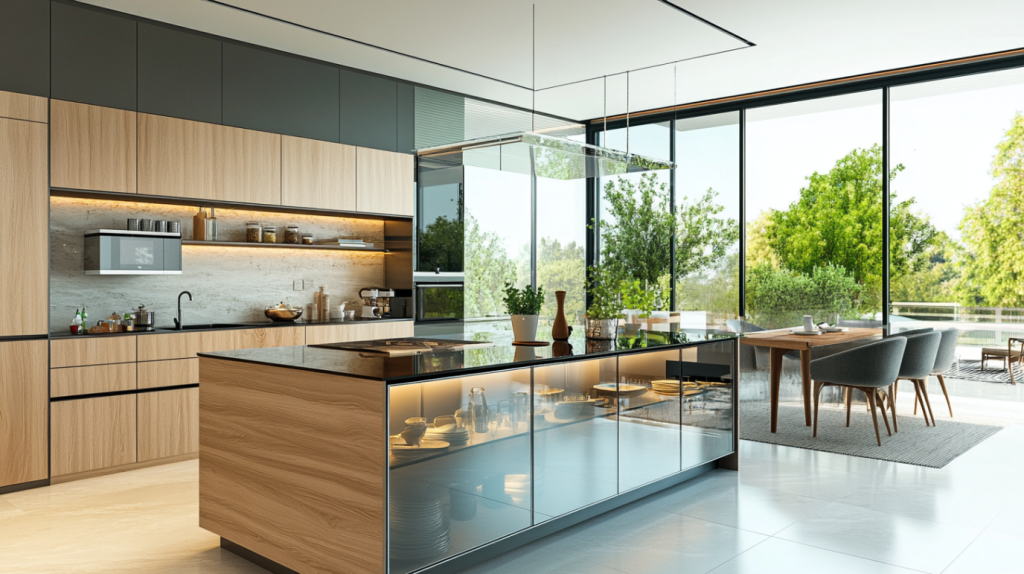 A curved kitchen island with a natural wood base, offering a unique shape and plenty of storage for modern kitchens.