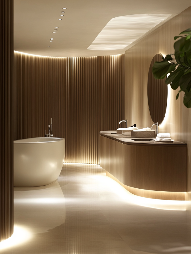 Luxury hotel bathroom with curved wooden vanity and illuminated mirror.