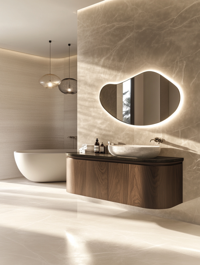 Modern hotel bathroom with a curved wooden vanity, round mirror, and warm lighting.