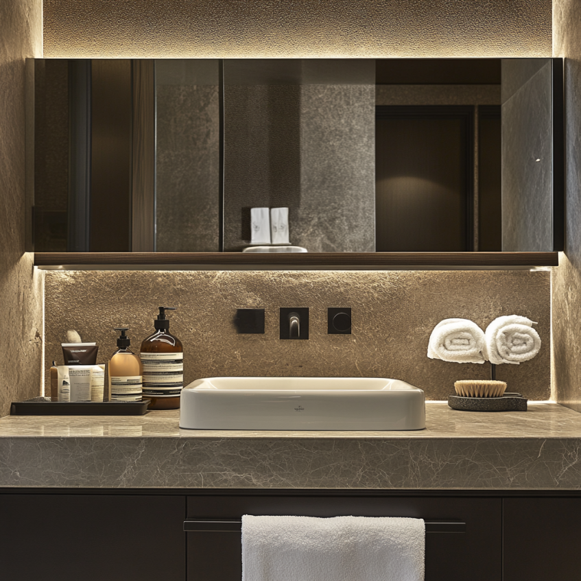 A custom bathroom vanity unit with a modern sink and stylish accessories in a luxurious hotel bathroom.