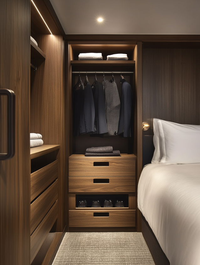 custom hotel closet with personalized compartments and drawers