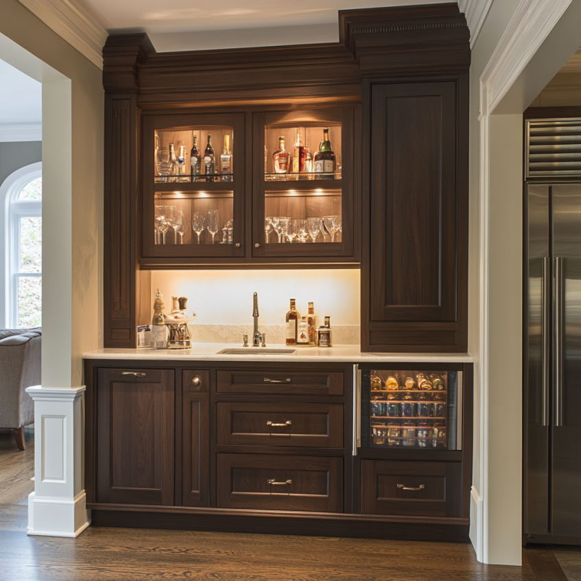 Custom interior door and cabinet in a modern home, blending style and functionality with wooden finishes and sleek hardware.