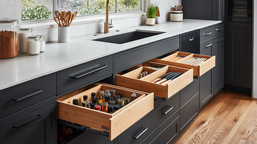 A sleek modern kitchen with customized drawers showing organized spices and kitchen tools.
