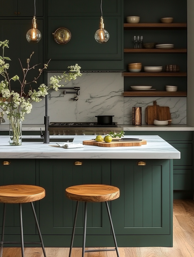 Dark green kitchen with marble countertops, open wood shelving, brass hardware, and wood stools.