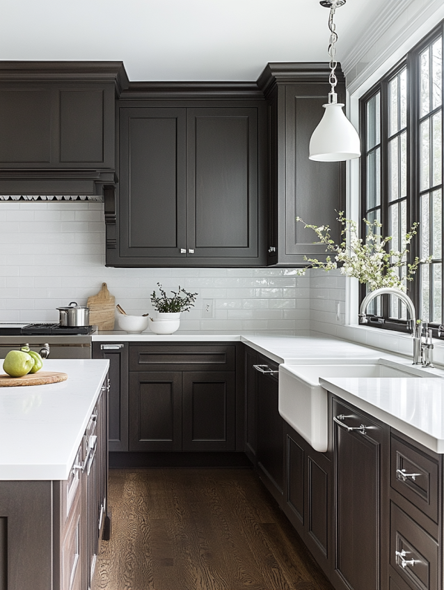 Dark greige kitchen cabinets with white countertops, farmhouse sink, and large windows