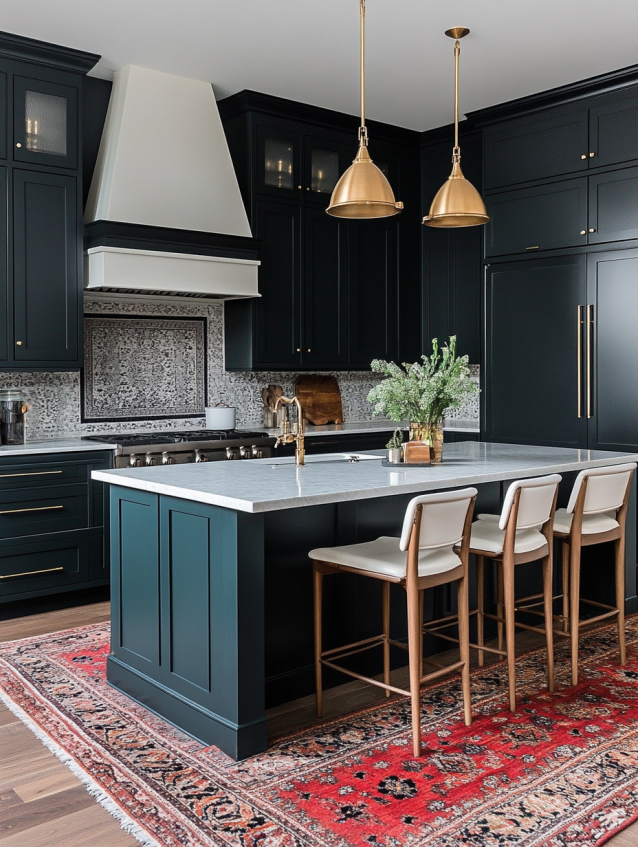 Dark teal kitchen with marble island, brass pendant lights, patterned backsplash and red oriental rug.