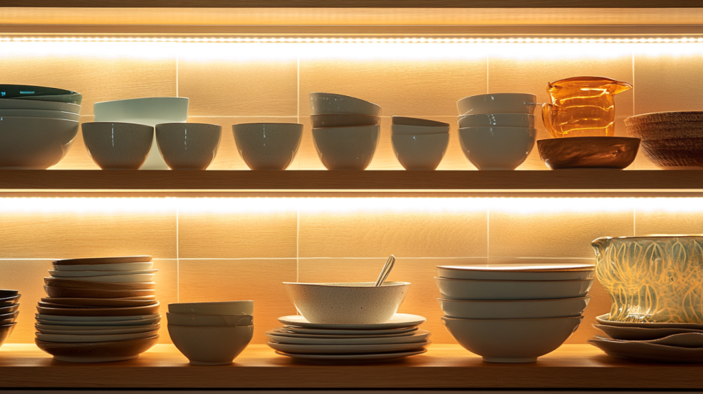 A well-organized kitchen shelf with fine china illuminated by soft LED lights.
