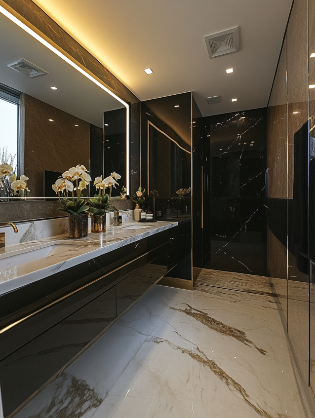 Contemporary luxury hotel bathroom with double marble vanity and backlit mirror.