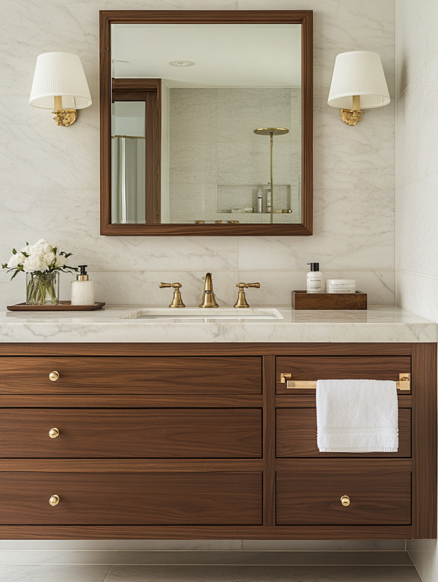 Double vanity in a hotel bathroom with brass fixtures and white marble top.
