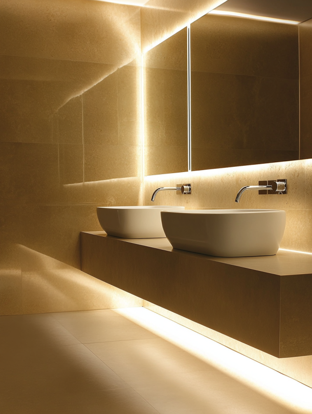 Two vessel sinks with soft lighting in a luxury hotel bathroom.