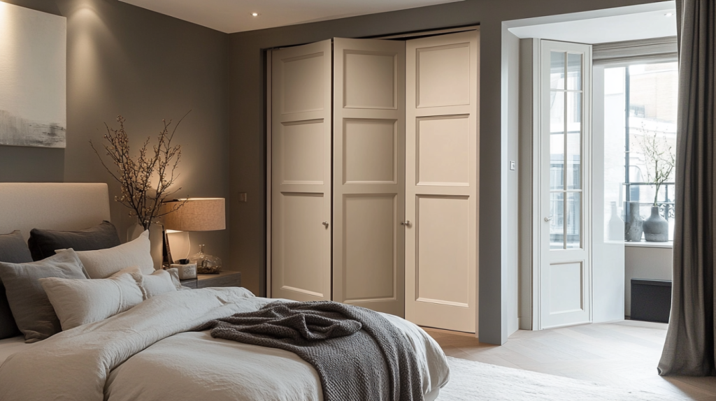 Classic bi-fold bedroom doors with vertical panel detailing, offering a stylish and space-saving solution for modern bedrooms.