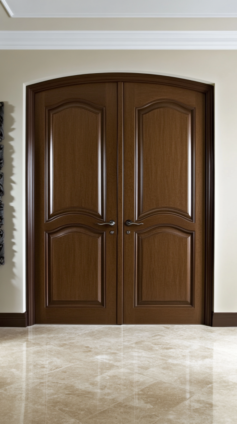 A luxurious double arched wooden bedroom door with intricate detailing, enhancing the elegant look of the room.