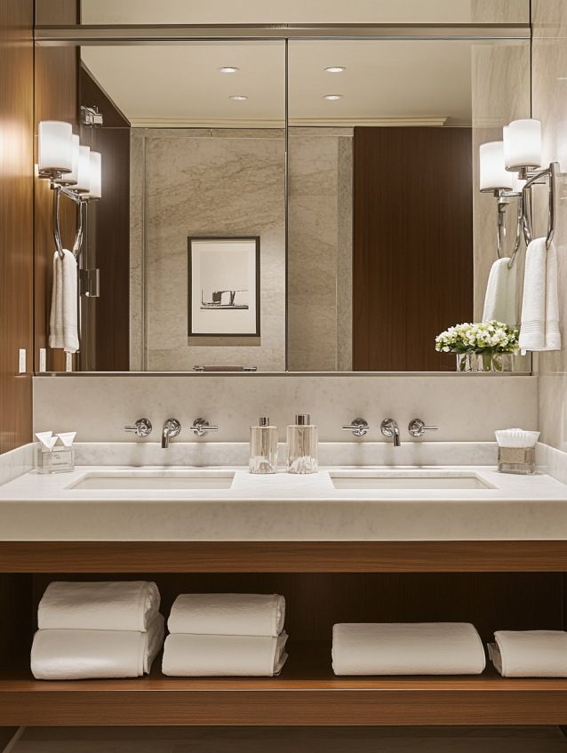 Double hotel bathroom vanity with white marble countertop and wood accents.