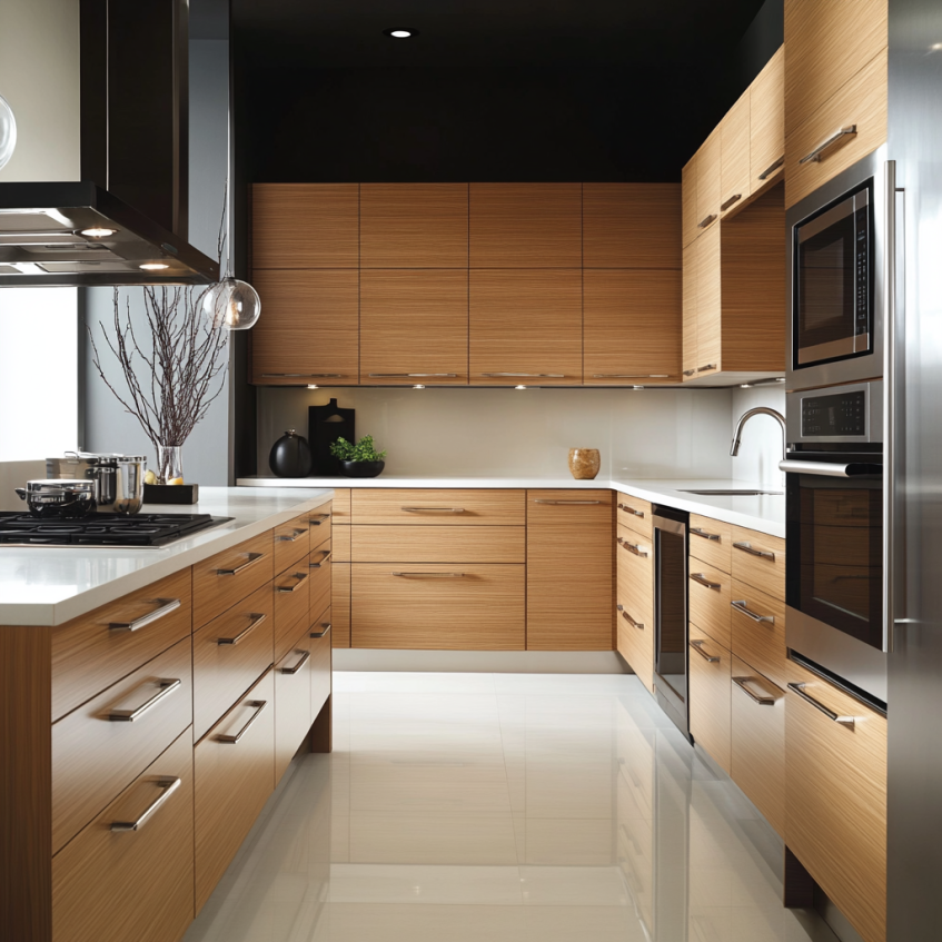 Elegant kitchen with white and light-colored frameless cabinets and a sleek countertop.