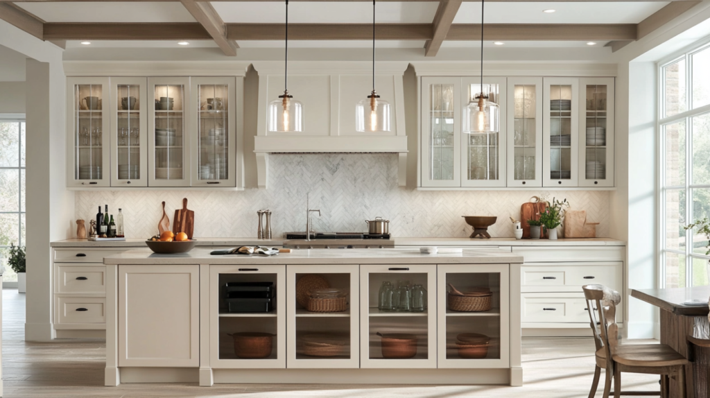 Elegant kitchen with frameless kitchen cabinet doors featuring glass inserts.