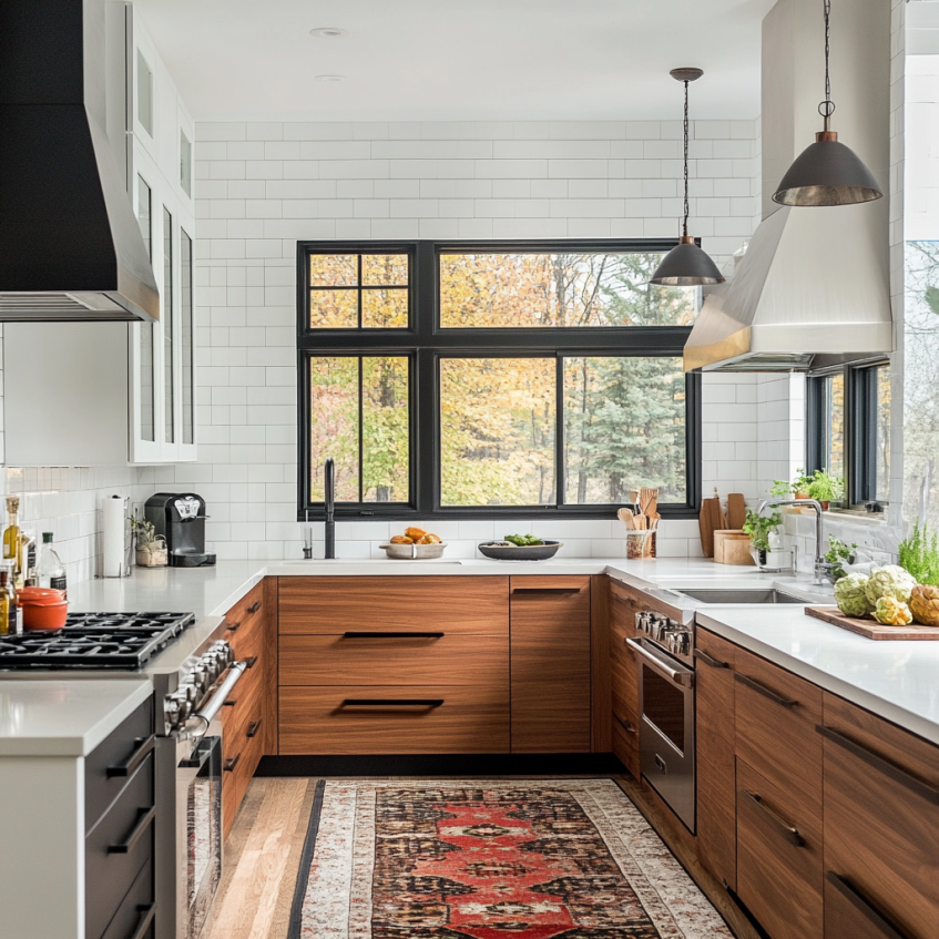 Elegant kitchen with frameless walnut cabinets and a black and white contrast.