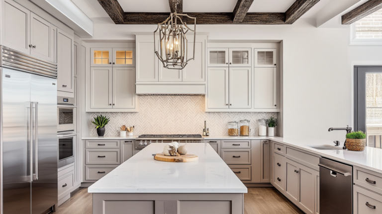Elegant greige kitchen cabinets with white countertops, stainless steel appliances, and modern design elements