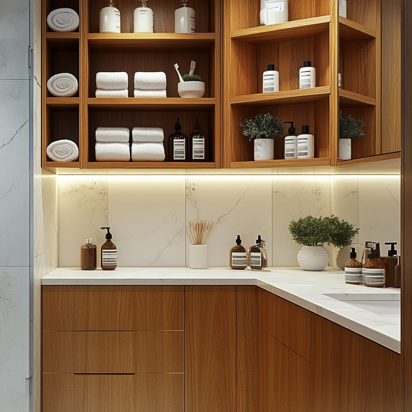 A sophisticated hotel bathroom featuring wooden bathroom cabinets, neatly arranged towels, and luxury bathroom accessories.