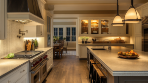 A warm kitchen featuring soft lighting, natural wood details, and elegant countertops for a cozy atmosphere.