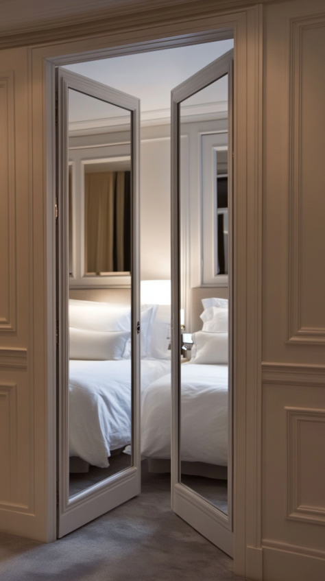 A pair of elegant mirrored bedroom doors with a sleek frame, offering a modern touch while enhancing room brightness.
