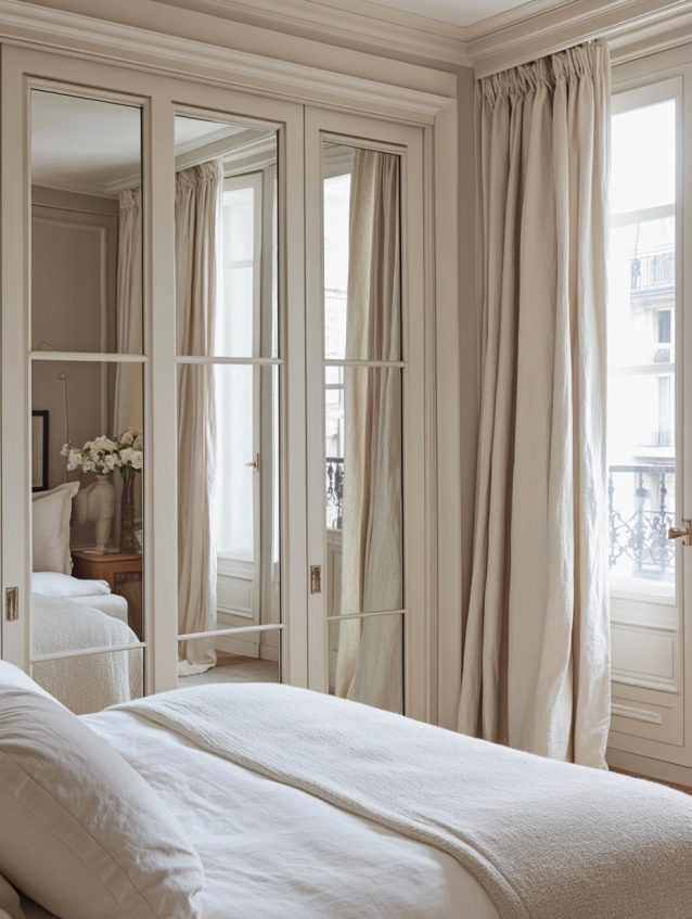 mirrored closet doors in a hotel bedroom reflecting natural light