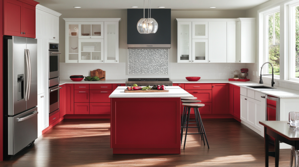 Modern kitchen with two-tone frameless cabinets in light and dark tones.