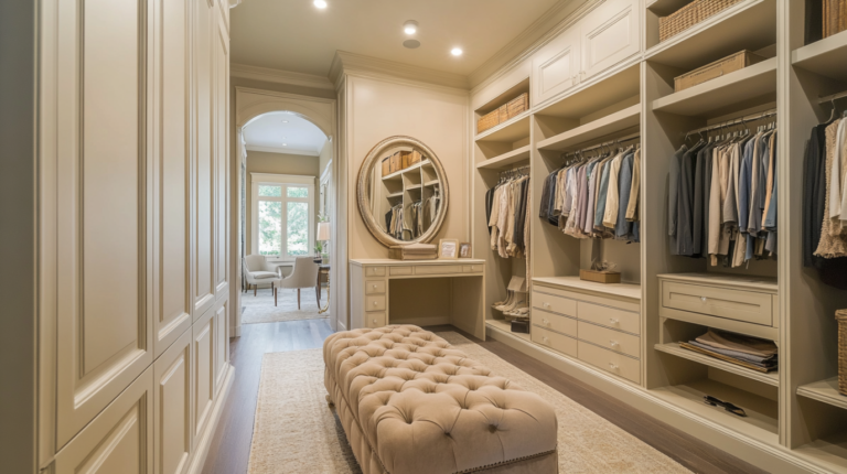 Walk-in closet with beige shelving, a comfortable ottoman, a full-length mirror, and organized clothing storage.