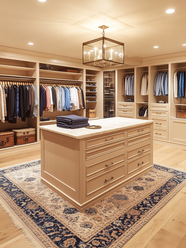 Spacious walk-in closet with an island, organized clothing racks, and warm lighting, creating a luxurious storage space.