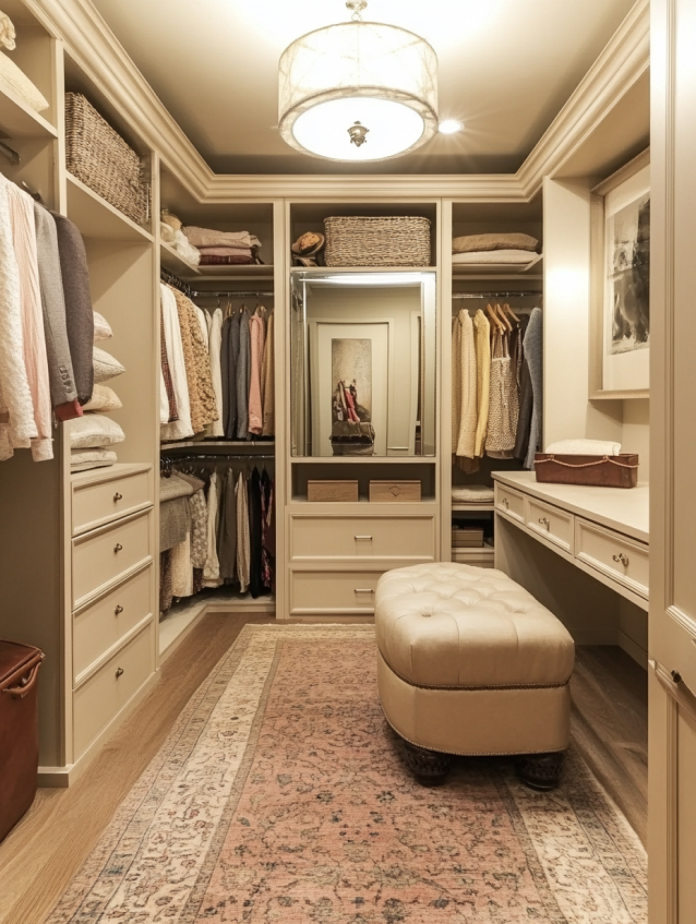 Walk-in closet with a beige color scheme, built-in shelving, a comfortable bench, and a full-length mirror.