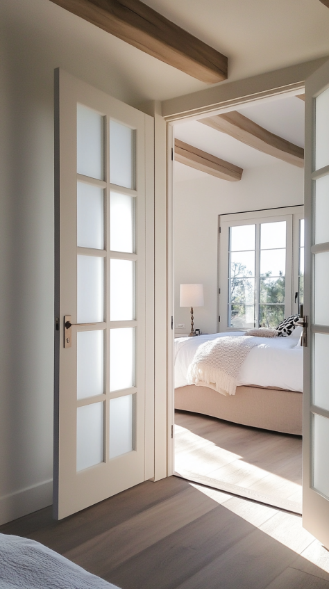 A classic white bedroom door with glass panels, offering a balance of light and privacy, perfect for modern or traditional bedroom designs.