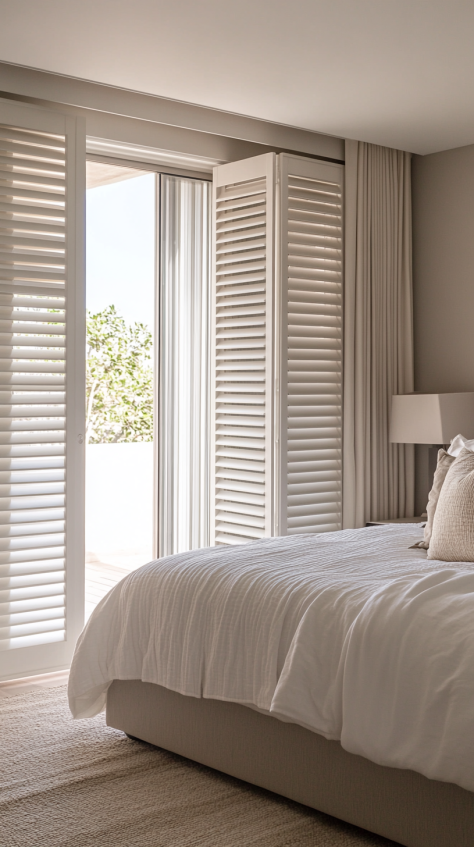 A white louvered bedroom door, perfect for enhancing natural light and air circulation in modern bedroom spaces.