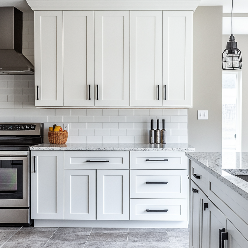 White shaker style kitchen cabinets with black handles in a modern kitchen setting.