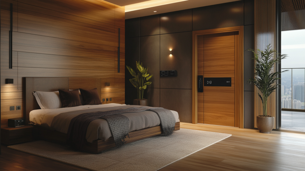An elegant wooden smart door with a keyless entry system, offering high-tech convenience and a sophisticated look