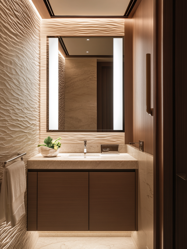 Compact bathroom with ambient lighting and small sink.