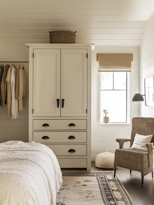 modern farmhouse wardrobe in cozy hotel bedroom