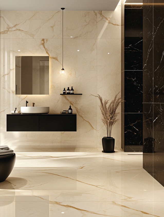 Luxury hotel bathroom vanity with floating black cabinet, vessel sink, and marble wall design.
