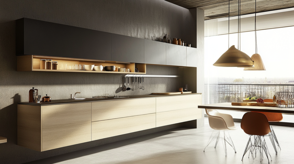 Modern kitchen with floating frameless cabinets and minimalist design.