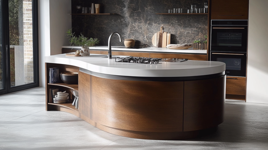 A sleek floating glass kitchen island with a modern design, offering a contemporary touch to any kitchen.