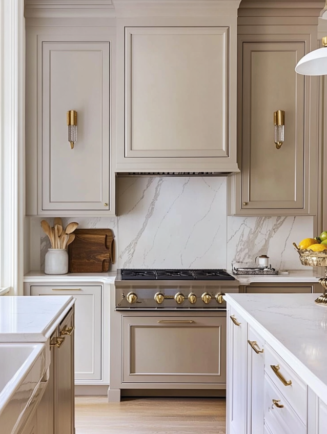Luxurious kitchen with greige cabinets and gold hardware, marble countertops