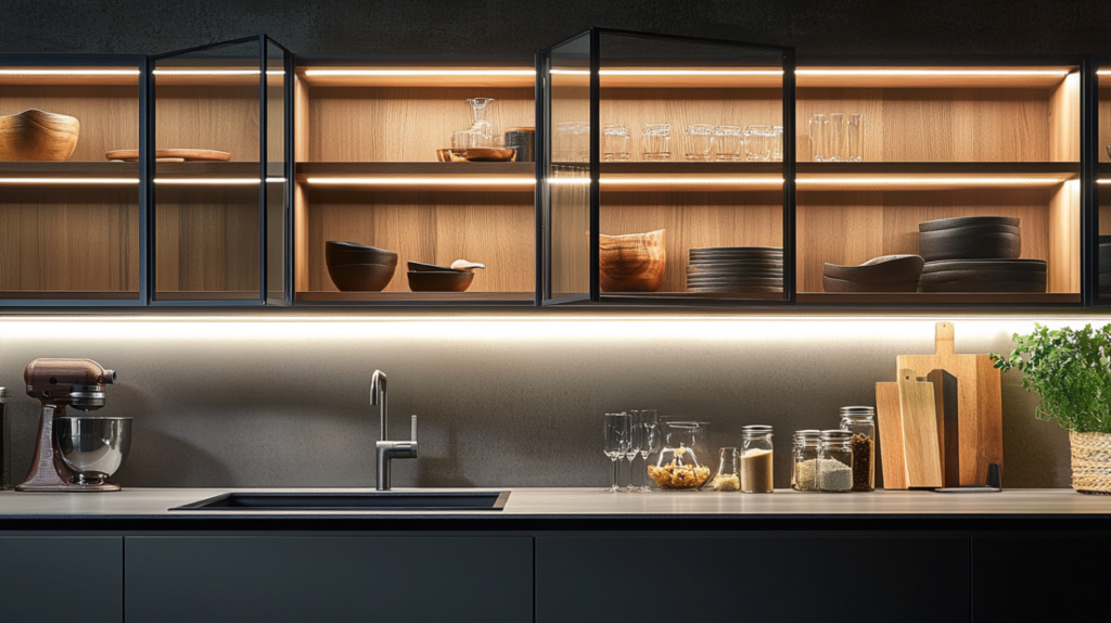 Frameless kitchen cabinet doors with integrated lighting creating a contemporary kitchen atmosphere.