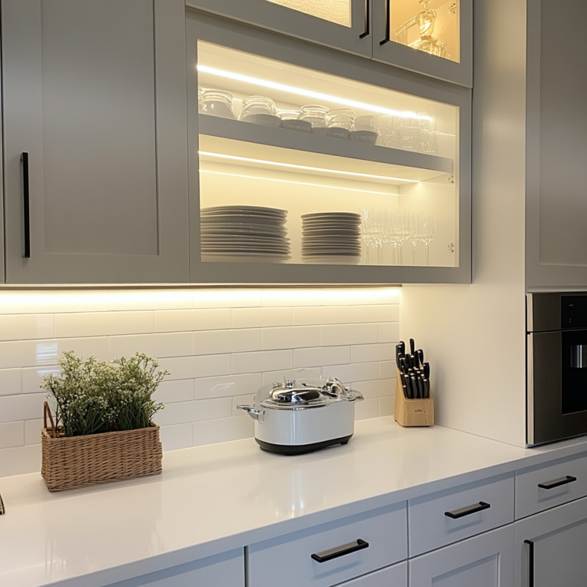 Frameless kitchen cabinets with built-in LED lighting highlighting the open shelves.